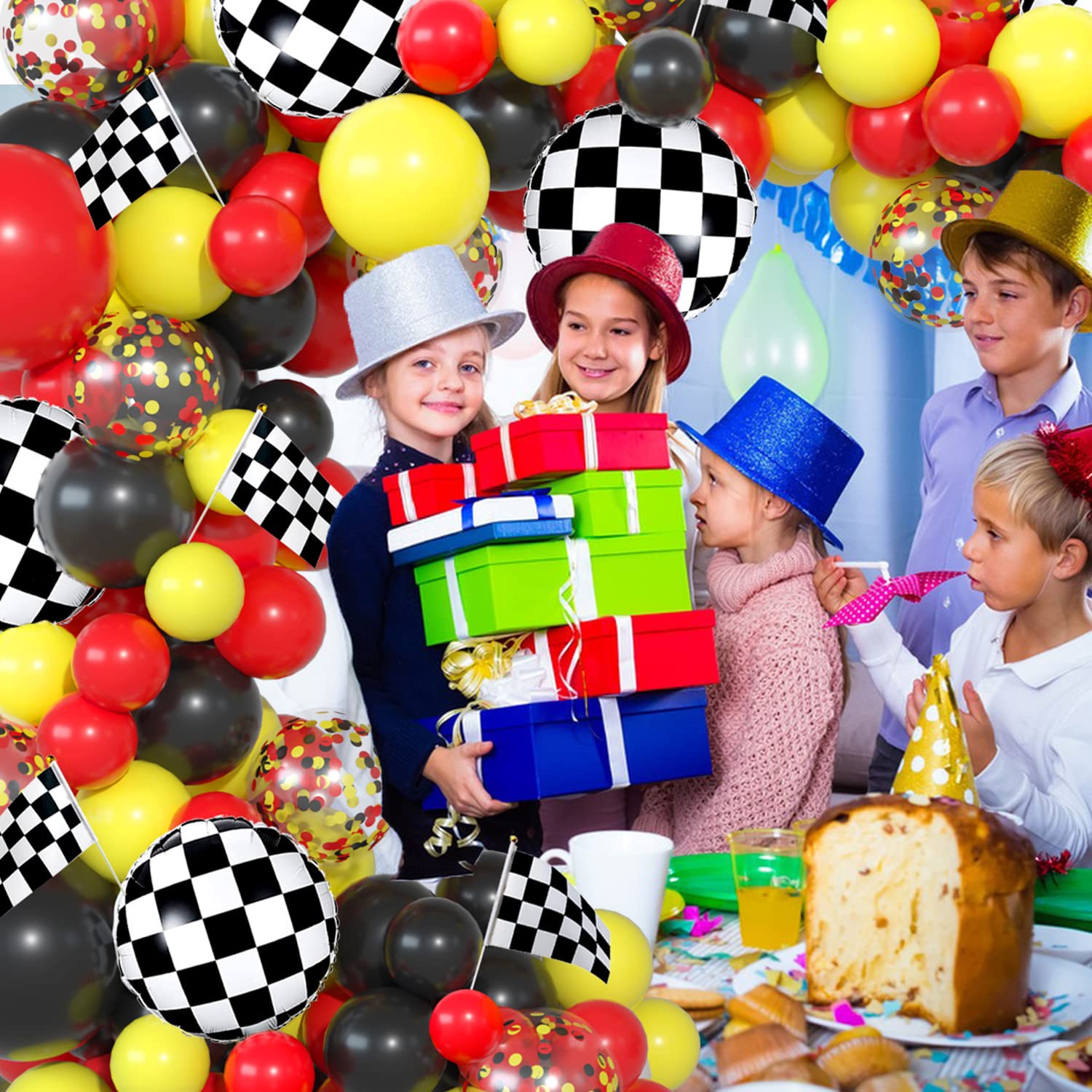 Race Car Balloon Garland Kit Red Black Yellow Latex Confetti Balloons Arch Black White Car Foil Balloons Flag for Baby Shower Cars Truck Party Decorations