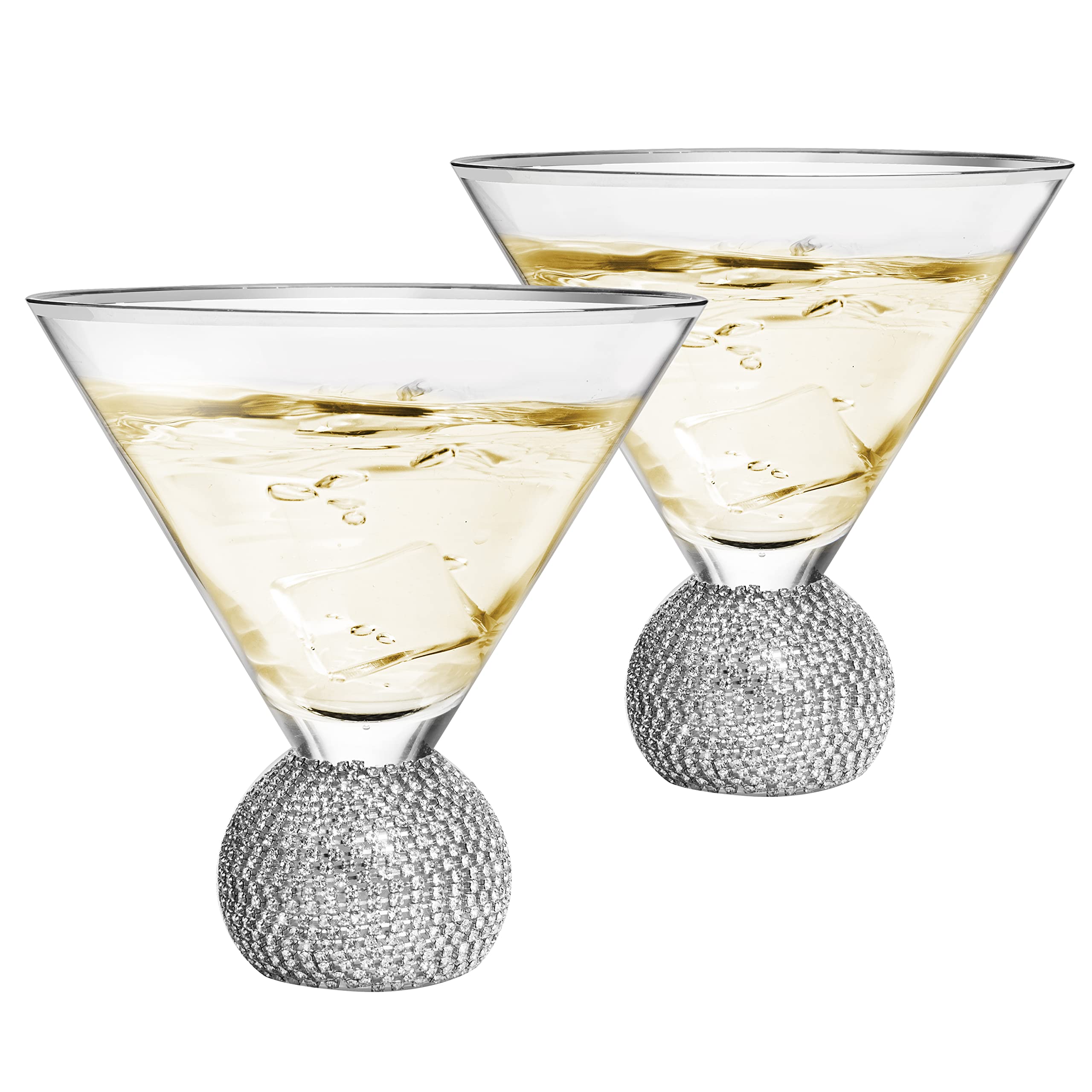 The Wine Savant Wedding Diamond Studded Martini & Cocktail Glasses Set of 2 Matte Silver Glasses, Rhinestone Diamonds Stemless Crystal Ball Base, Bar or Party 10.5 oz, Shiny Style Glass