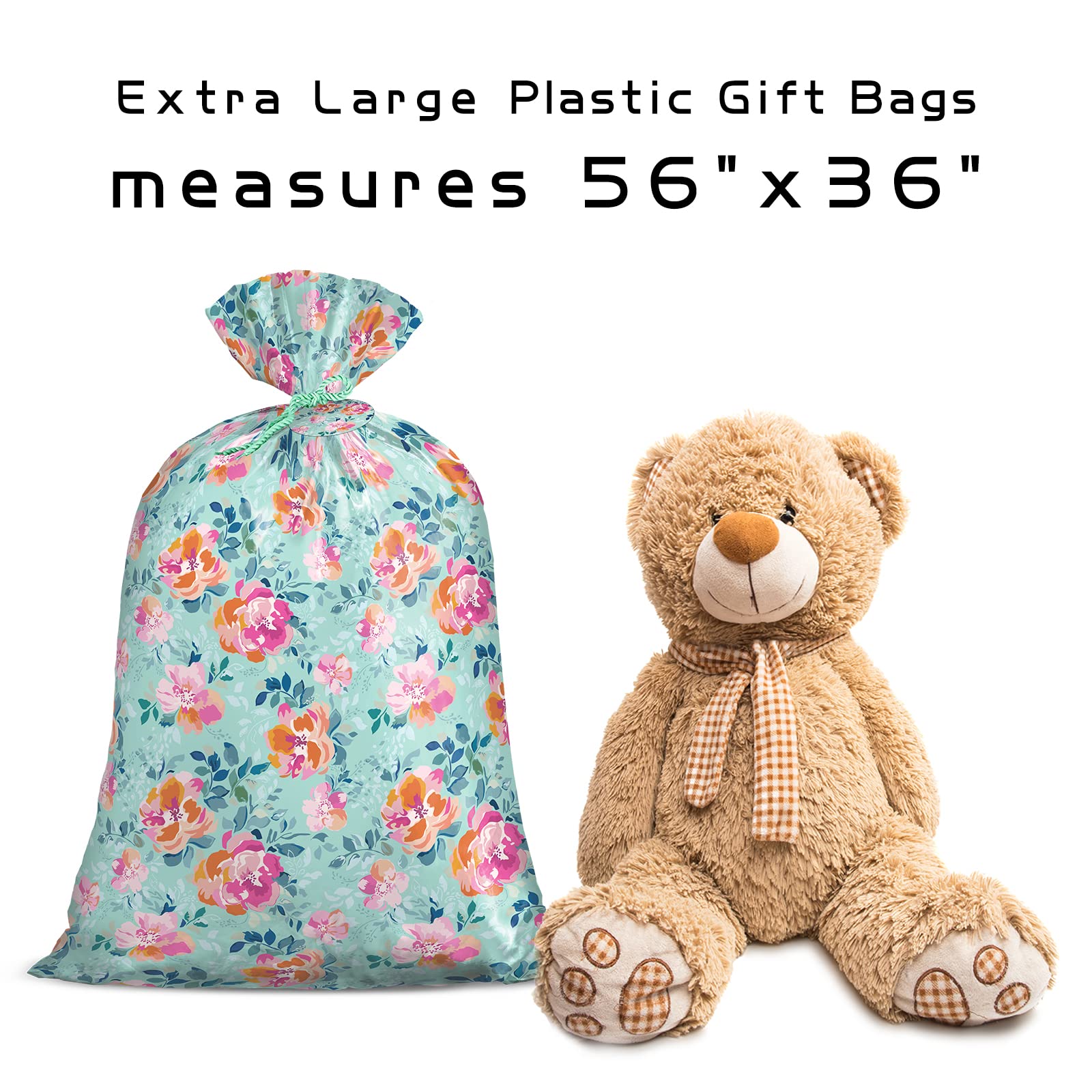 Loveinside Jumbo Large Plastic Gift Bag, Floral Design Plastic Bag with Tag and Tie for Birthday, Mother's Day, Wedding - 56" x 36", 1 Pcs - Mint Flower