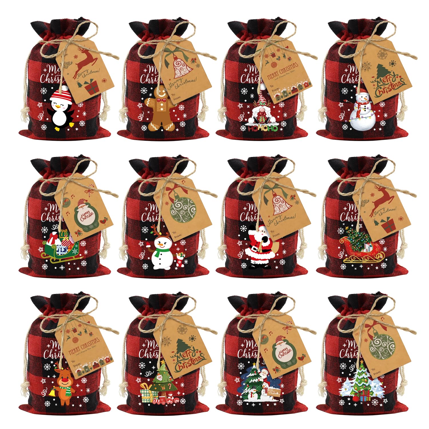 60Pcs Cotton Christmas Drawstring Bags Buffalo Plaid Xmas Gift Bags Cotton Xmas Candy Bags Small Christmas Fabric Bags Goody Gift Bags Treat Sacks Reusable Gift Wrapping Bags Holiday Party Favors