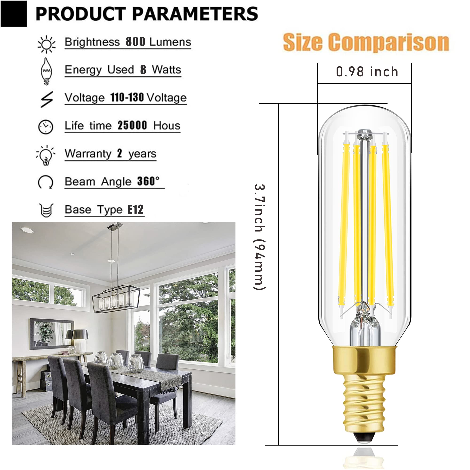 E12 LED Dimmable 8W Equal 100 watt Daylight 4000K T6 T25 E12 Candelabra Bulb for Chandeliers,Ceiling Fan,Pendant,Wall sconces AC120V 800LM e12 Light Bulb 6Pack