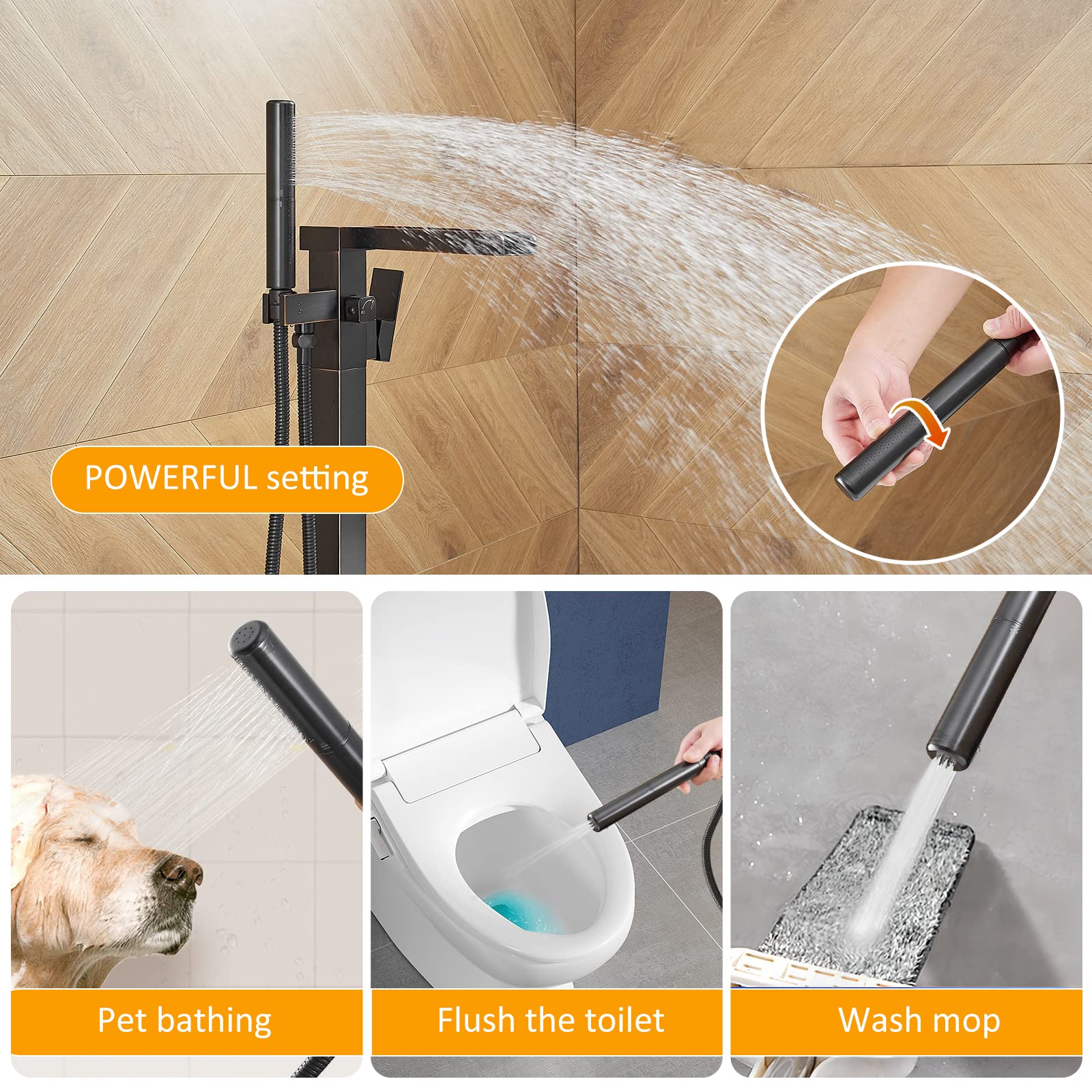 BESy Freestanding Bathtub Faucet Waterfall Tub Filler Oil Rubbed Bronze Floor Mount Brass Single Handle Bathroom Tub Faucets with 2 Function Hand Shower Wand