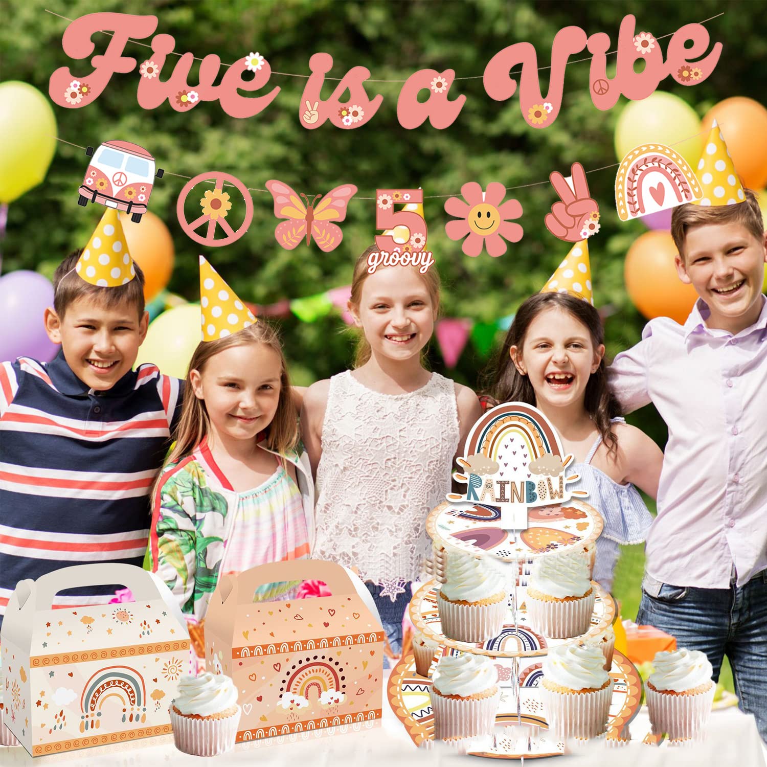 Five is A Vibe banner Groovy 5th Birthday Decorations Hippie Banner Boho Decor Retro Flower Daisy 60's 70's Theme for Kids Girl Boy Bday Party Supplies