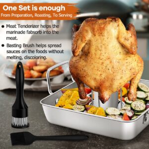 Roasting Pan with Beer Can Chicken Holder, Joyfair 9 inch Stainless Steel Square Roaster Baking Pans with Grill Racks & Riveted Handles for Oven Cooking BBQ Smoking, Heavy Duty & Dishwasher Safe (4)