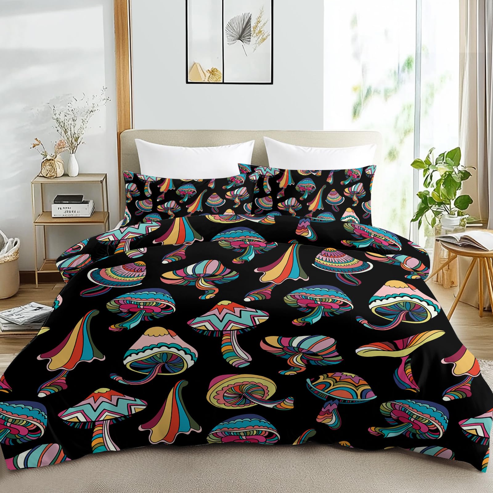 SOULZZZ Colorful Mushroom Duvet Cover Umbrella Pattern Exotic Style Black Beddings for Kids Teens Boys Girls Aesthetic Hippie Theme Cartoon Mushroom Bed Set (Queen, 1 Duvet Cover 2 Pillow Shams)