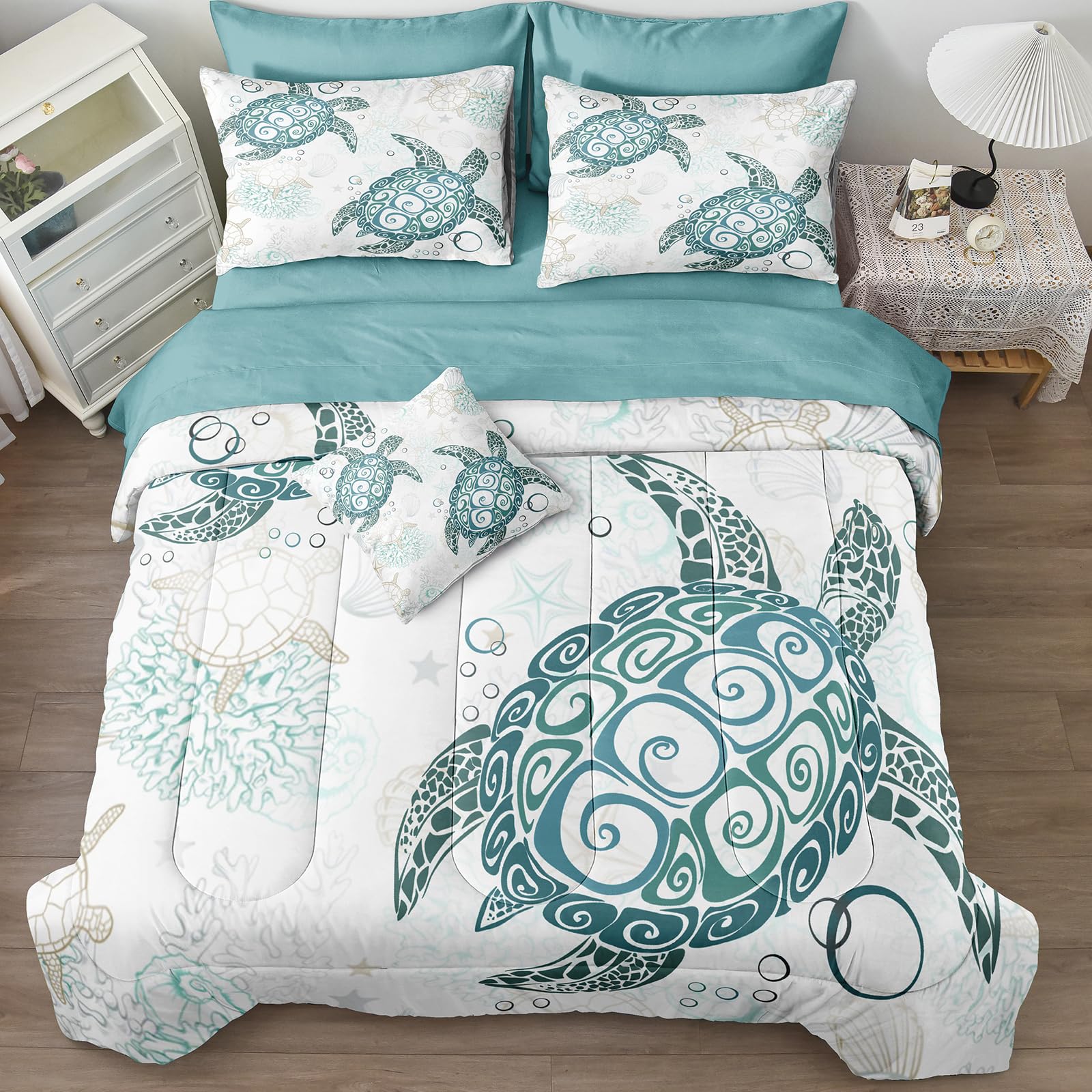 MOVE OVER Coastal Bedding Set Queen Size Sea Turtle Comforter Set with Sheet Set Teal Blue Ocean Comforter Set Beach Theme Bedding Set 8 Pieces Teal Sea Turtle Bedding Set for Summer