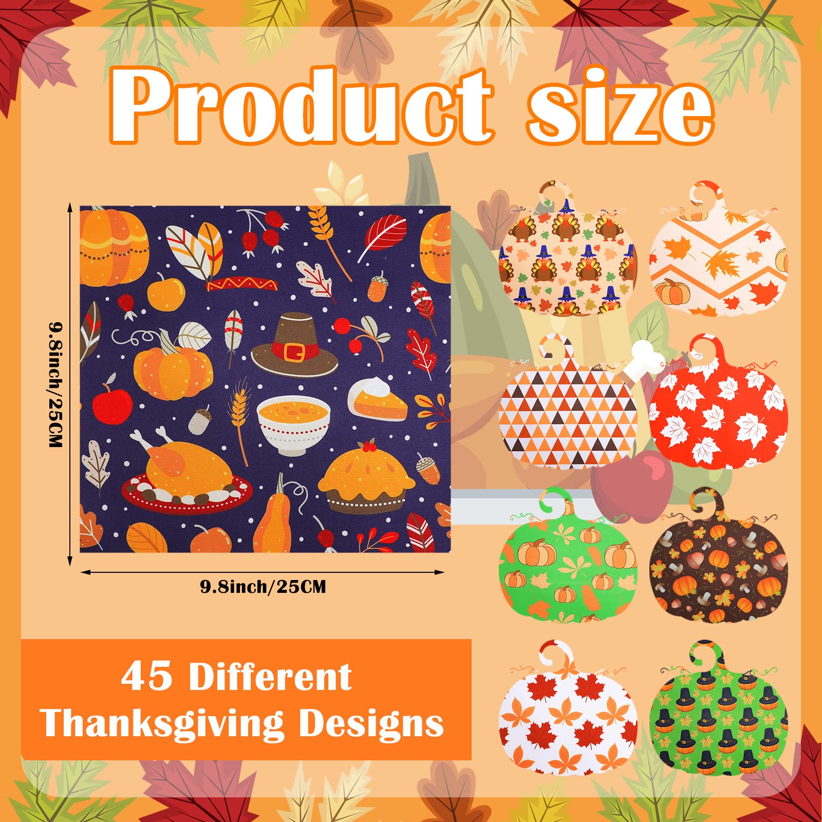 45 Pcs Thanksgiving Fabric Fall Assorted Fabric 9.8 x 9.8 Inch Squares Fat Quarter Quilting Cotton Fabric Pumpkin Maple Plaid Sunflower Fabric for DIY Sewing Craft Supply