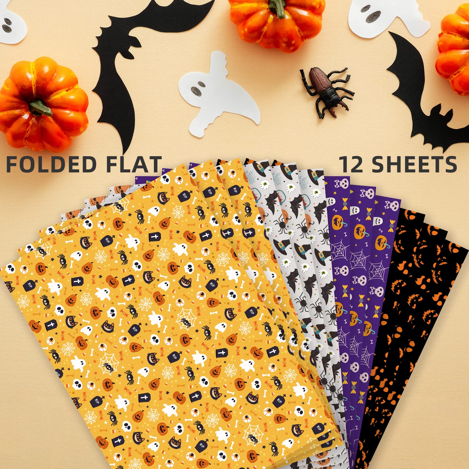 PlandRichW Halloween Wrapping Paper 12 Sheets Folded for Boys Girls Kids Man Women,Pumpkin Spooky Witch Hat Bat Halloween Decorations,Holiday,Party,Baby Shower Present Packing Each 20" X 29"