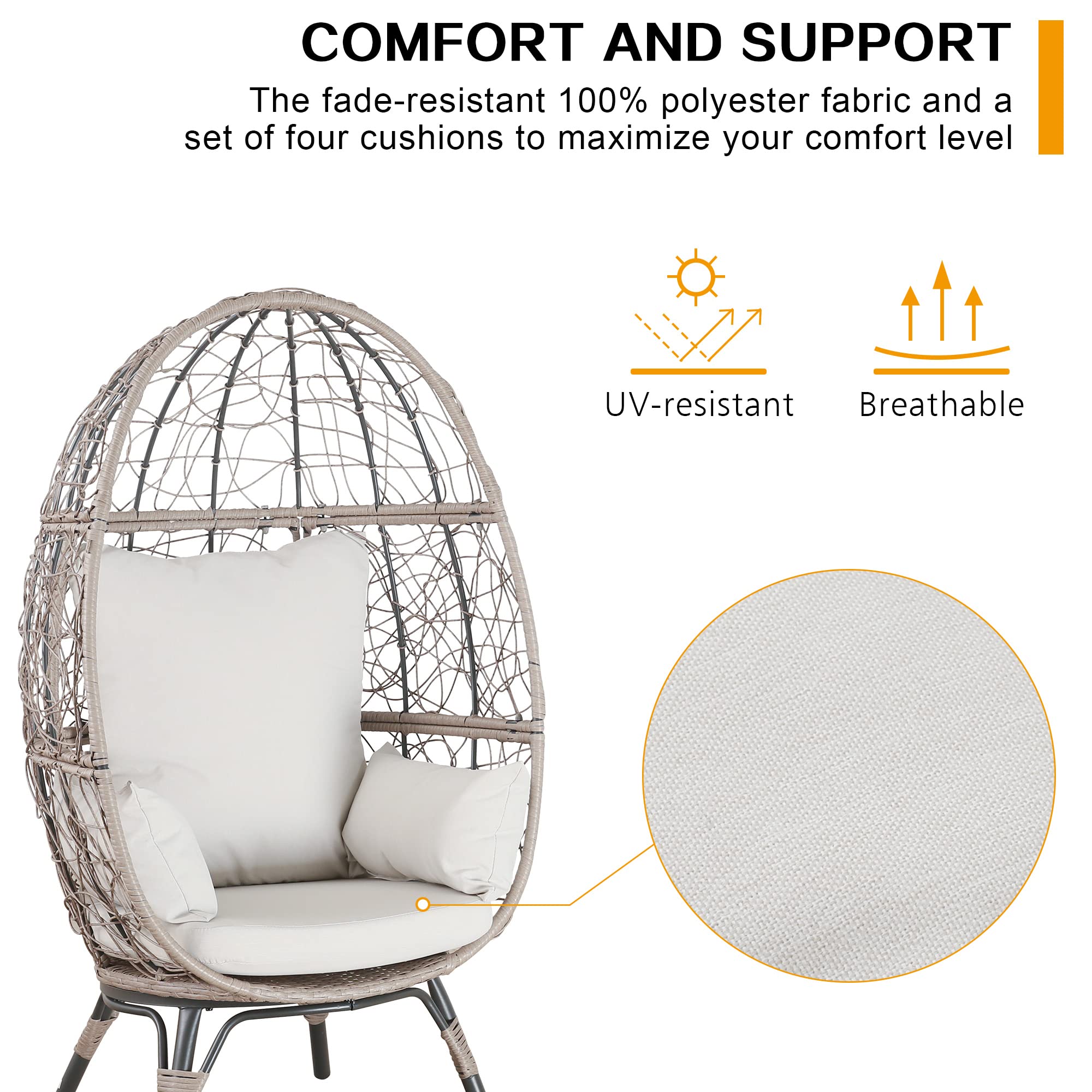 Patio Tree Outdoor Wicker Egg Lounge Chair, Patio Steel Rattan Lounge Chair with 4 Removable Cushions, Beige