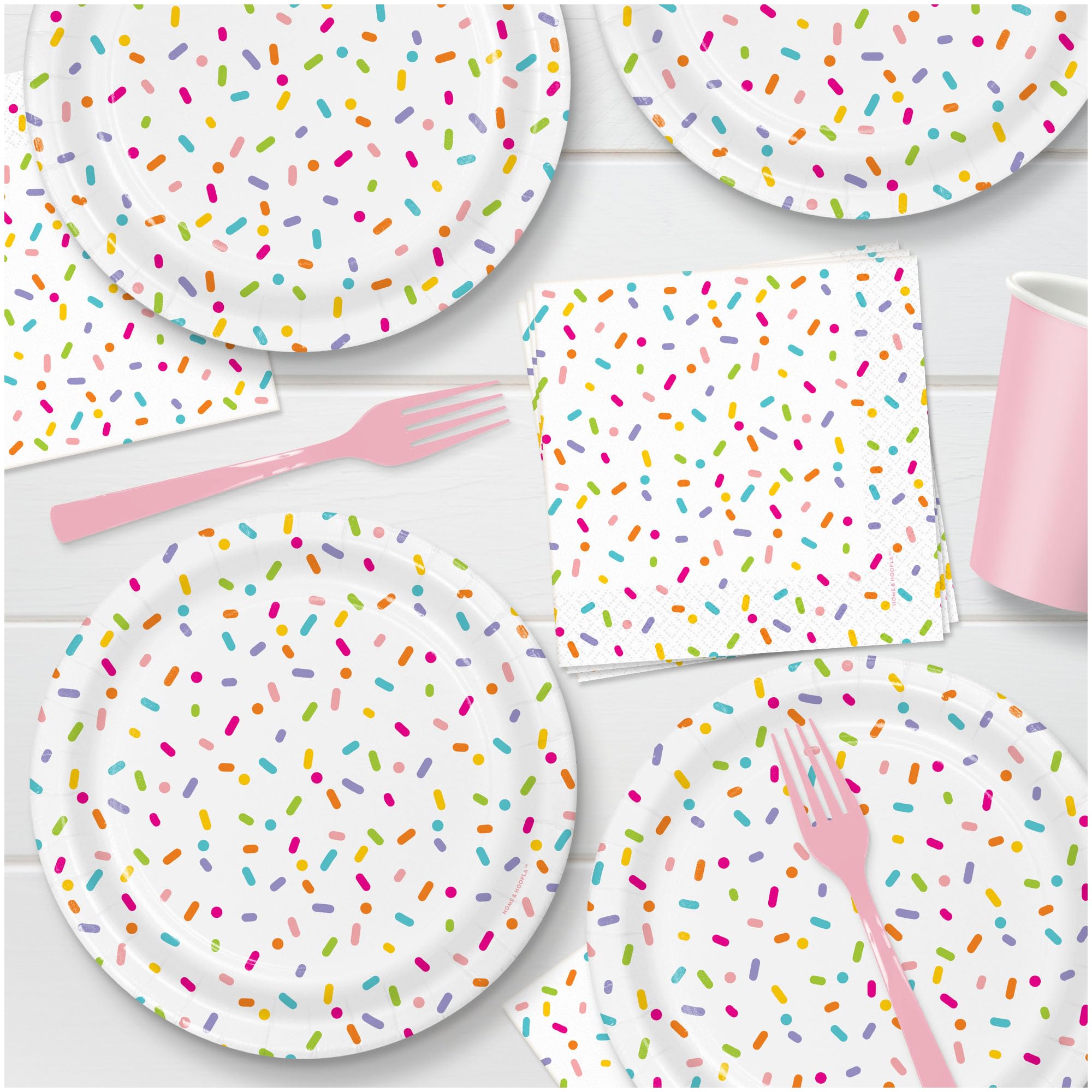 HOME & HOOPLA Confetti Sprinkles Baby Shower Party Round Paper Dessert Plates and Pink Beverage Napkins (16 Plates & Napkins)