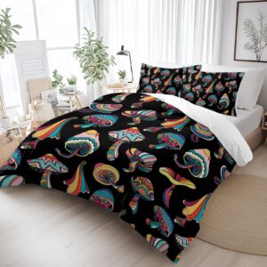 SOULZZZ Colorful Mushroom Duvet Cover Umbrella Pattern Exotic Style Black Beddings for Kids Teens Boys Girls Aesthetic Hippie Theme Cartoon Mushroom Bed Set (Queen, 1 Duvet Cover 2 Pillow Shams)