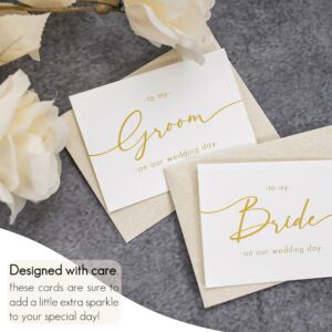 Shoppau Set of 2 Bride and Groom Wedding Day Cards - Linen Textured Cardstock - Elegant Script - 4.875" x 3.75" Folded - Embossed Border - Set of 2 Cardstock Beige Envelopes (Gold Foil)