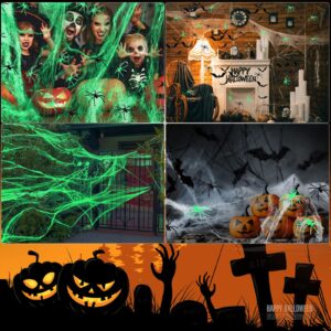 4 Pcs Halloween Glow in The Dark Spider Web Halloween Decorations with 100 Pieces Fake Spiders and 24 Pieces Bat Decor for Halloween Eve DIY Window Home Wall Indoor Outdoor