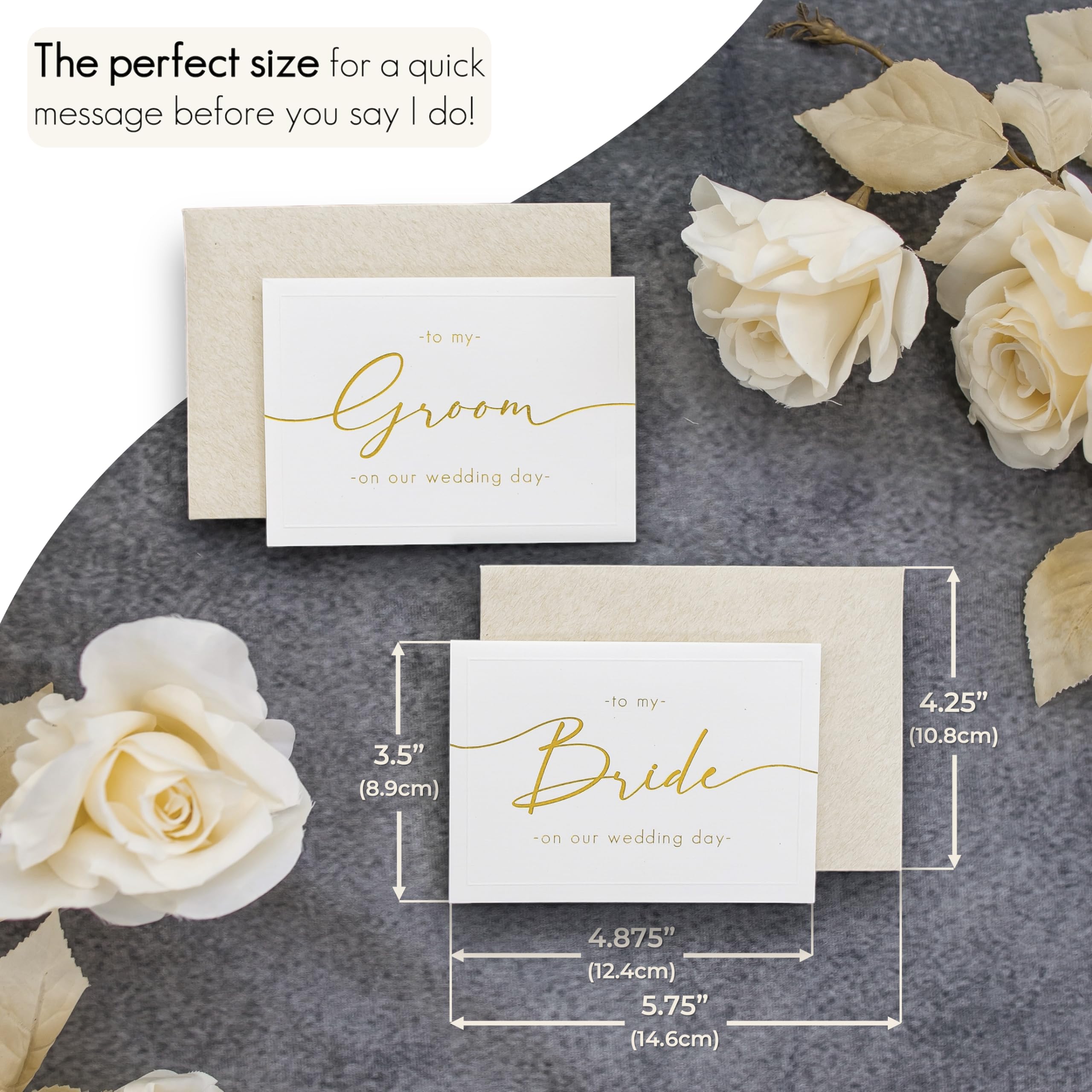 Shoppau Set of 2 Bride and Groom Wedding Day Cards - Linen Textured Cardstock - Elegant Script - 4.875" x 3.75" Folded - Embossed Border - Set of 2 Cardstock Beige Envelopes (Gold Foil)