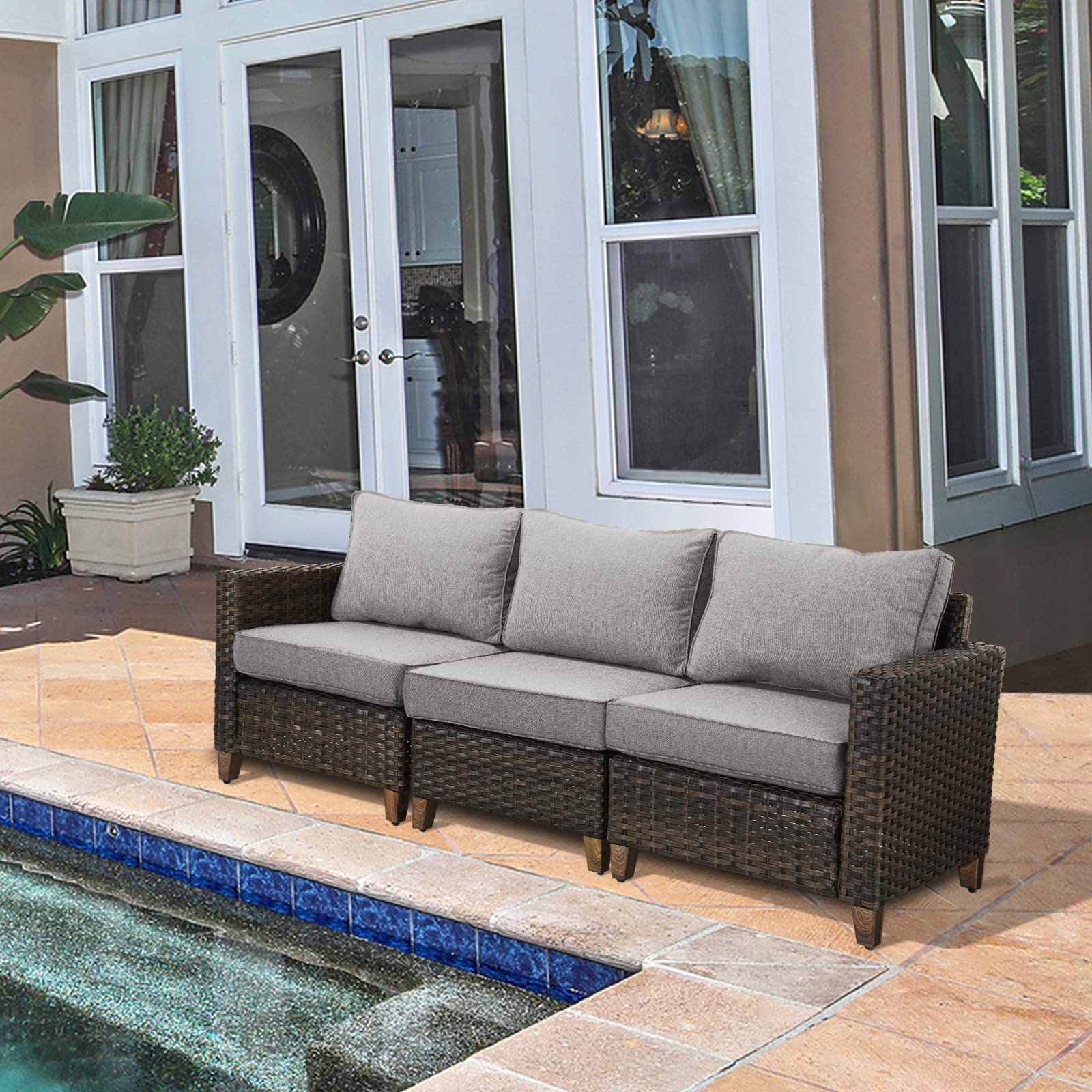 Grand patio 3-Seats Outdoor Patio Rattan Sofa Seating, Modular Couch with Thick Cushions and High Back, Weather-Resistance Wicker and Metal Frame Furniture for Yard, Poolside, Balcony, Porch (Grey)