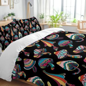 SOULZZZ Colorful Mushroom Duvet Cover Umbrella Pattern Exotic Style Black Beddings for Kids Teens Boys Girls Aesthetic Hippie Theme Cartoon Mushroom Bed Set (Queen, 1 Duvet Cover 2 Pillow Shams)