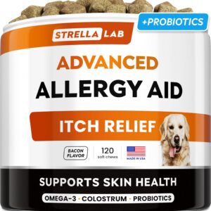 StrellaLab Dog Allergy Relief & Anti Itch Support Chews w/Omega 3: Real Ingredients, Real Taste! Skin & Coat Immune Supplement w/Fish Oil, Pumpkin & Enzymes — Developed by Experts - Made in USA -120Ct