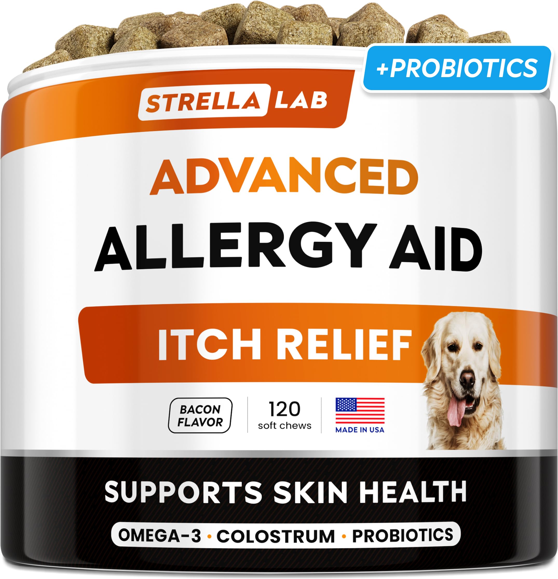 StrellaLab Dog Allergy Relief & Anti Itch Support Chews w/Omega 3: Real Ingredients, Real Taste! Skin & Coat Immune Supplement w/Fish Oil, Pumpkin & Enzymes — Developed by Experts - Made in USA -120Ct