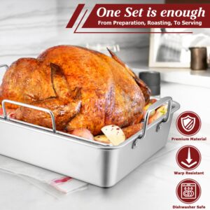 Roasting Pan with Rack for Turkey Chicken, Joyfair Stainless Steel Roaster Pan and V-rack for Toaster Oven, Rectangular Bakeware with Sturdy Handles, Heavy Duty & Dishwasher Safe (Large)