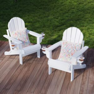 Sundale Outdoor Folding All Weather Plastic Adirondack Chair with 2 Concealable Cup Holder and 1 Stylish Cushion/Pillow, Perfect for Outside Patio Garden Pool Yard Pure White