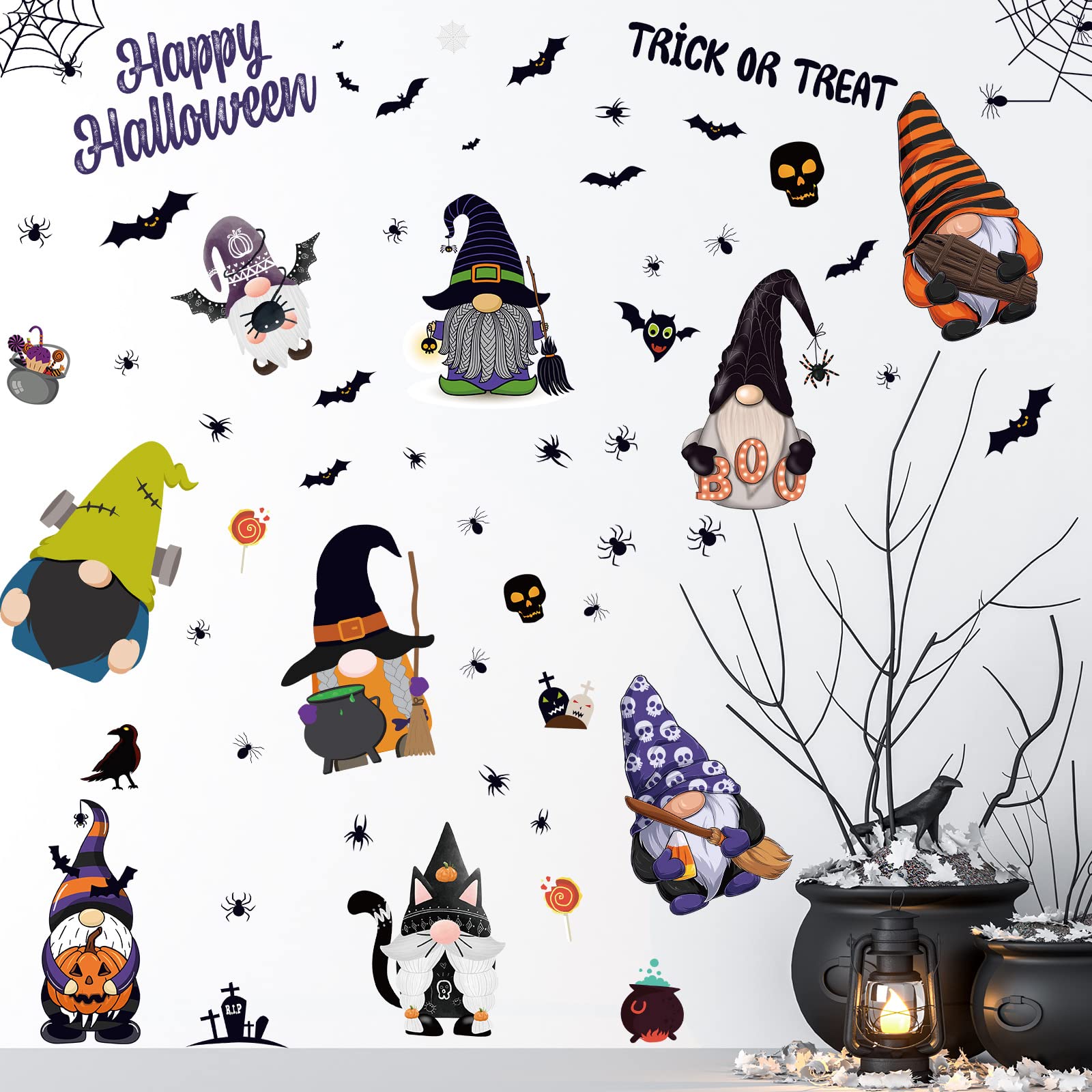 9 Sheets Halloween Gnome Wall Decals Halloween Wall Stickers Gnome Window Clings Bat Elf Faceless Dwarf Stickers for Home Walls Haunted House Halloween Party Decor