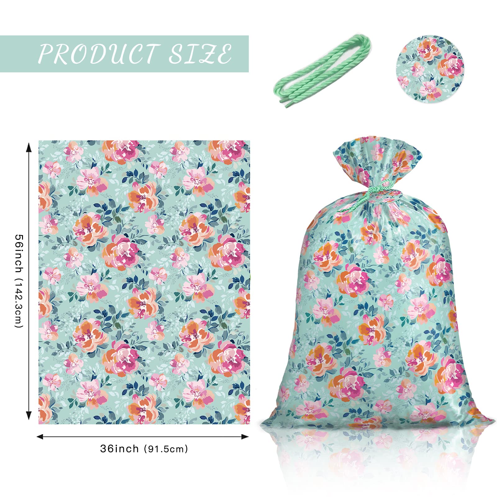 Loveinside Jumbo Large Plastic Gift Bag, Floral Design Plastic Bag with Tag and Tie for Birthday, Mother's Day, Wedding - 56" x 36", 1 Pcs - Mint Flower