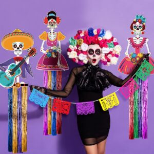 TaoBary 15 Pcs Day of the Dead Decorations Set 34 Inches Sugar Skull Hanging Decor 16.4 Ft Papel Picado Banners Mexicano Dia De Los Muertos Large Skull Decoration for Halloween Party Supplies