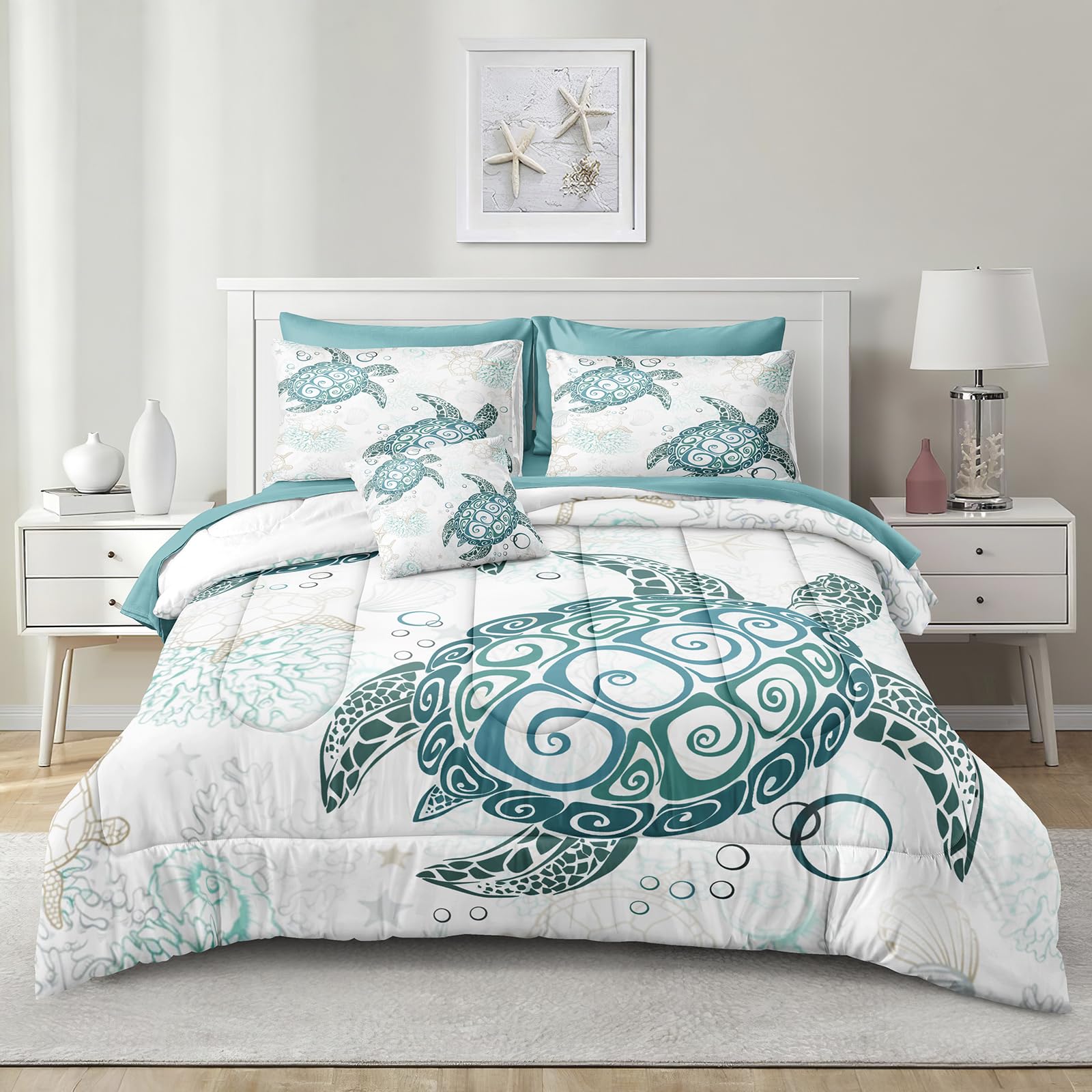 MOVE OVER Coastal Bedding Set Queen Size Sea Turtle Comforter Set with Sheet Set Teal Blue Ocean Comforter Set Beach Theme Bedding Set 8 Pieces Teal Sea Turtle Bedding Set for Summer