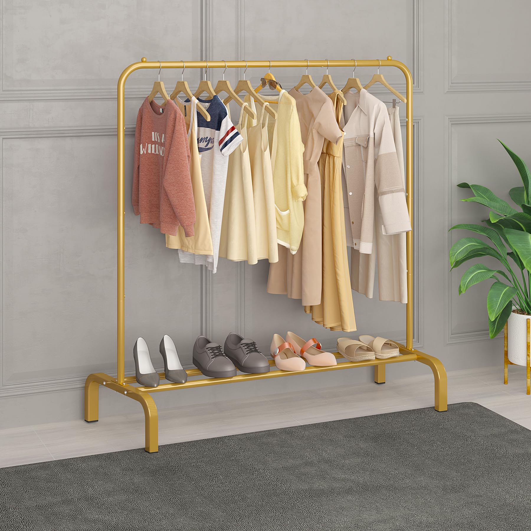 JIUYOTREE Metal 43.3 Inches Garment Rack with Bottom Shelf Clothing Rack for Hanging Clothes Coats Skirts Shirts Sweaters Gold