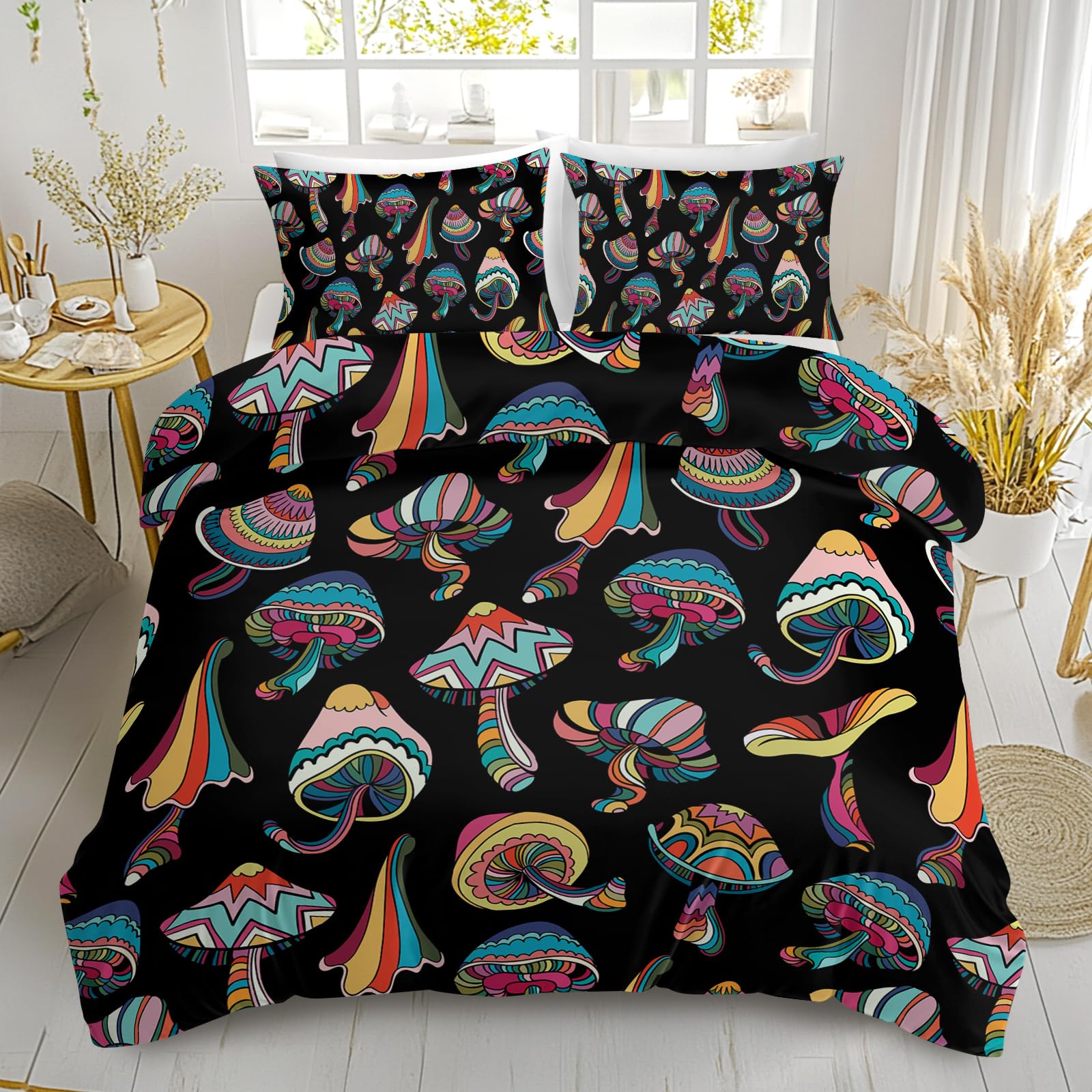 SOULZZZ Colorful Mushroom Duvet Cover Umbrella Pattern Exotic Style Black Beddings for Kids Teens Boys Girls Aesthetic Hippie Theme Cartoon Mushroom Bed Set (Queen, 1 Duvet Cover 2 Pillow Shams)