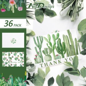 AnyDesign Cactus Thank You Cards 36 Pack Watercolor Succulent Note Cards with Matching Seal Stickers Envelopes Greenery Greeting Blank Cards for Birthday Baby Shower Wedding Bridal Party, 4 x 6