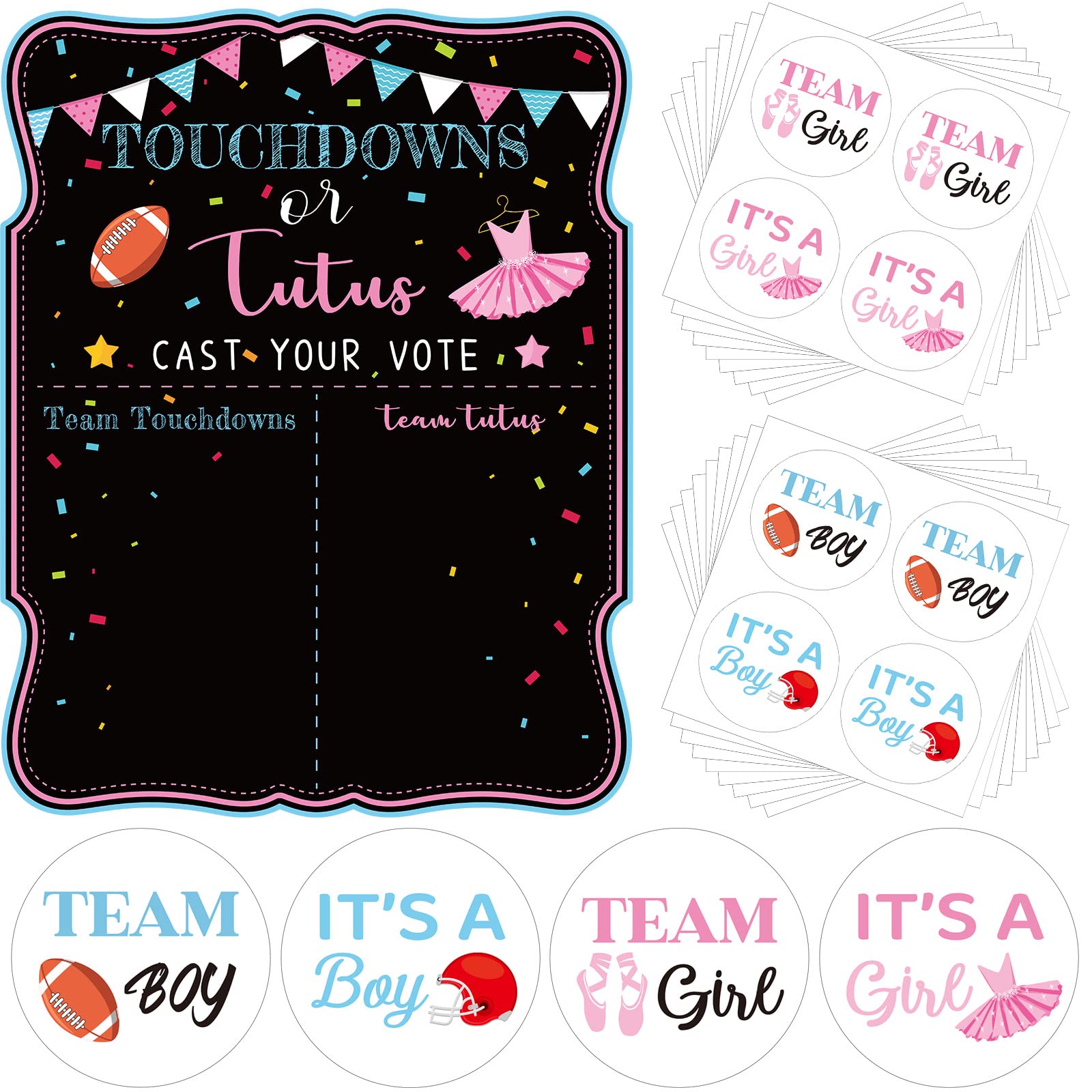 Touchdowns or Tutus Gender Reveal Poster Sign Party Supplies Decorations Boy or Girl with 72 Pcs Gender Reveal Stickers for Summer Baby Shower Gender Reveal Decorations (Touchdowns or Tutus)