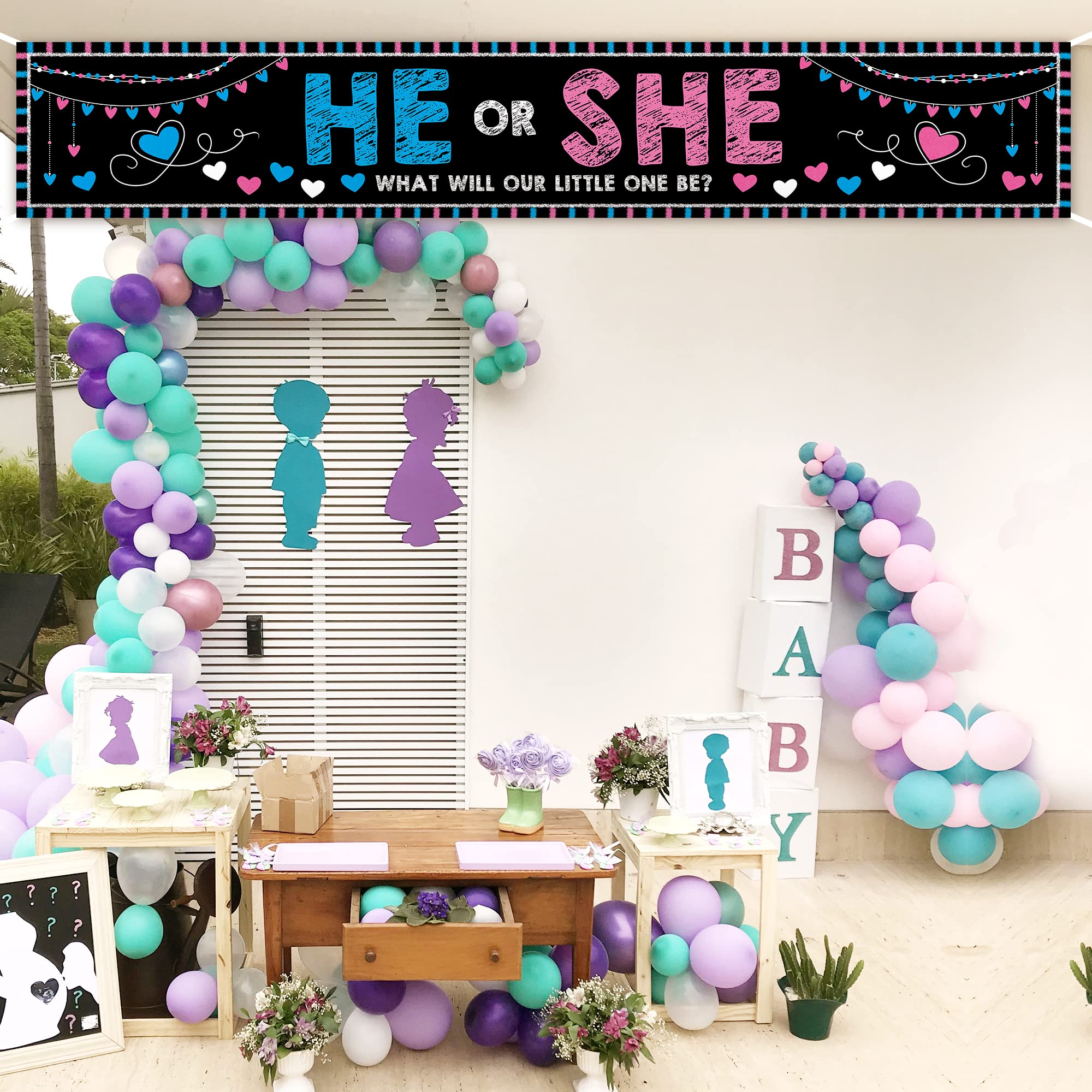 ANATANOWOR Baby Gender Reveal Decorations Banner (118.2x19.7 inch) , He or She Gender Reveal Party Supplies