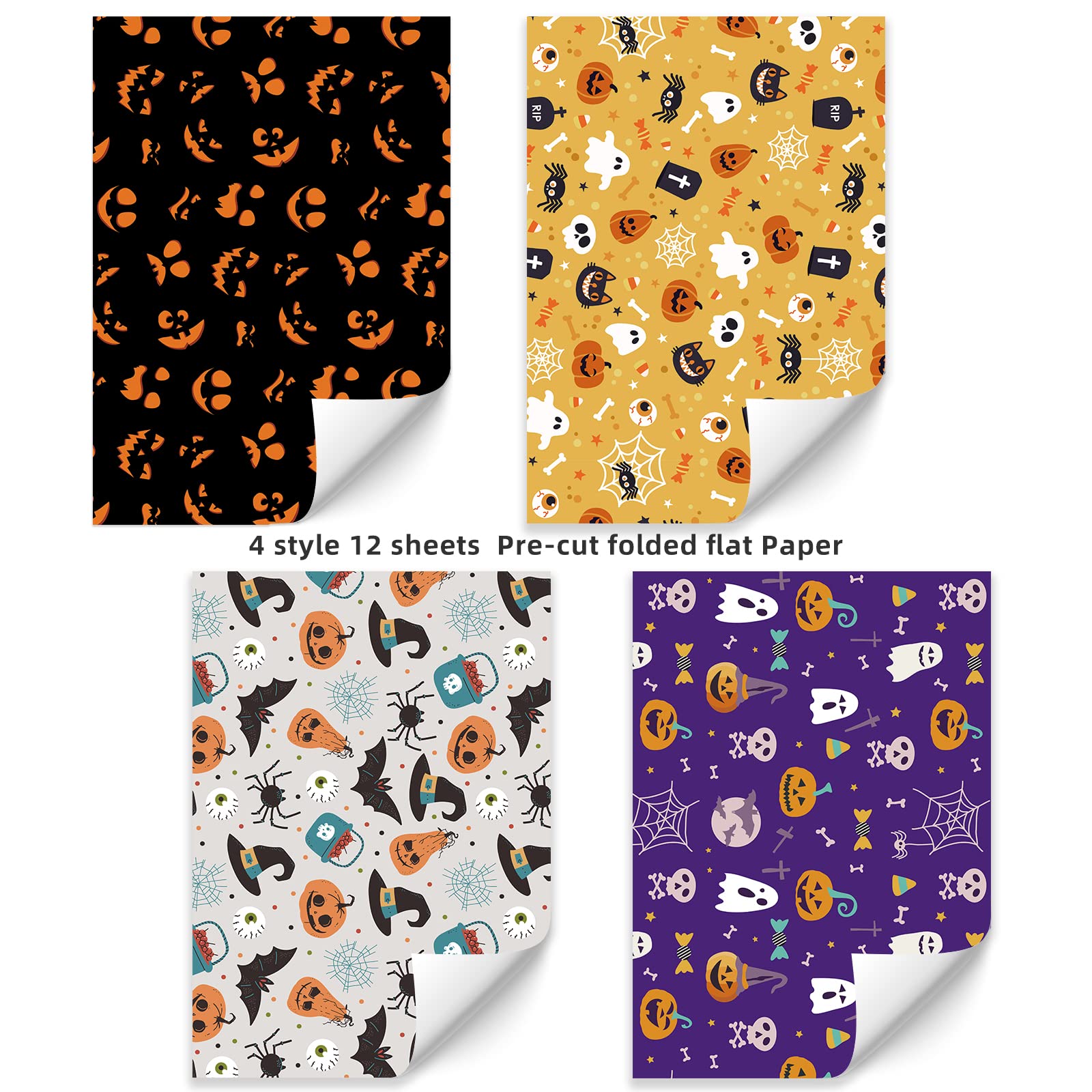 PlandRichW Halloween Wrapping Paper 12 Sheets Folded for Boys Girls Kids Man Women,Pumpkin Spooky Witch Hat Bat Halloween Decorations,Holiday,Party,Baby Shower Present Packing Each 20" X 29"