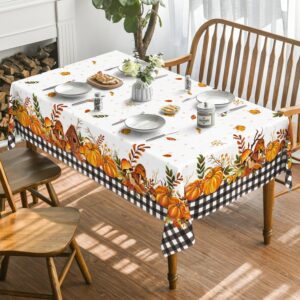 Horaldaily Fall Tablecloth 60x84 Inch Rectangular, Thanksgiving Autumn Harvest Pumpkin Mushroom Black Buffalo Plaid Table Cover for Party Picnic Dinner Decor