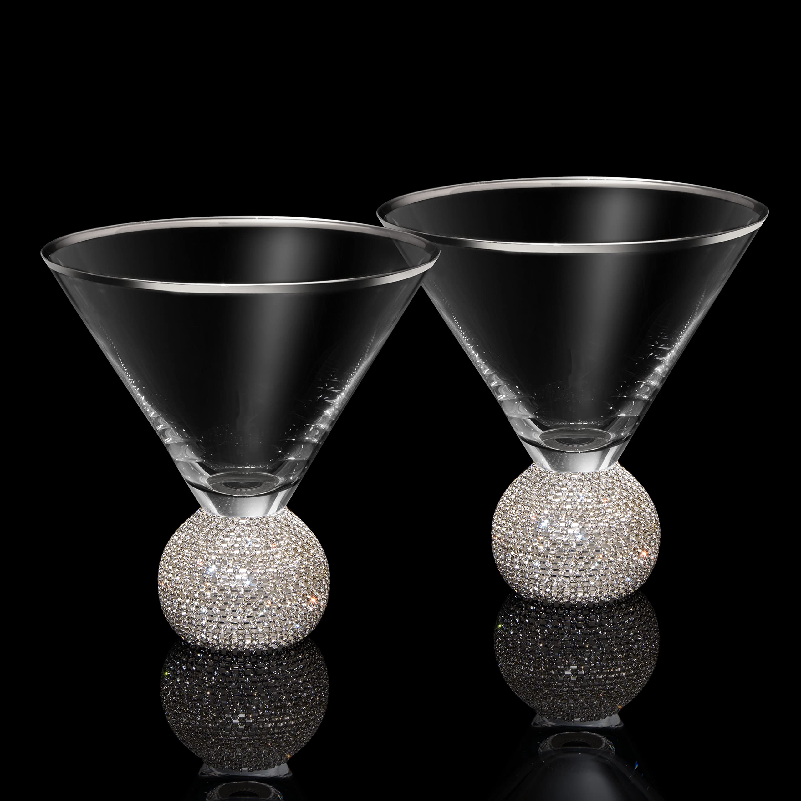 The Wine Savant Wedding Diamond Studded Martini & Cocktail Glasses Set of 2 Matte Silver Glasses, Rhinestone Diamonds Stemless Crystal Ball Base, Bar or Party 10.5 oz, Shiny Style Glass