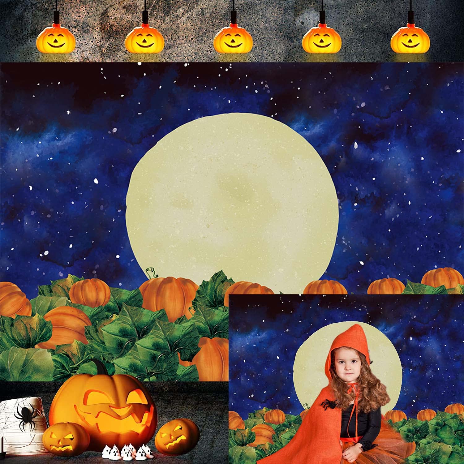 8x6ft Halloween Pumpkin Field Photography Backdrop Starry Sky Night Moon Halloween Background for Kids Baby Shower Birthday Party Autumn Banner Photo Booth, 8x6ft(240x180cm)