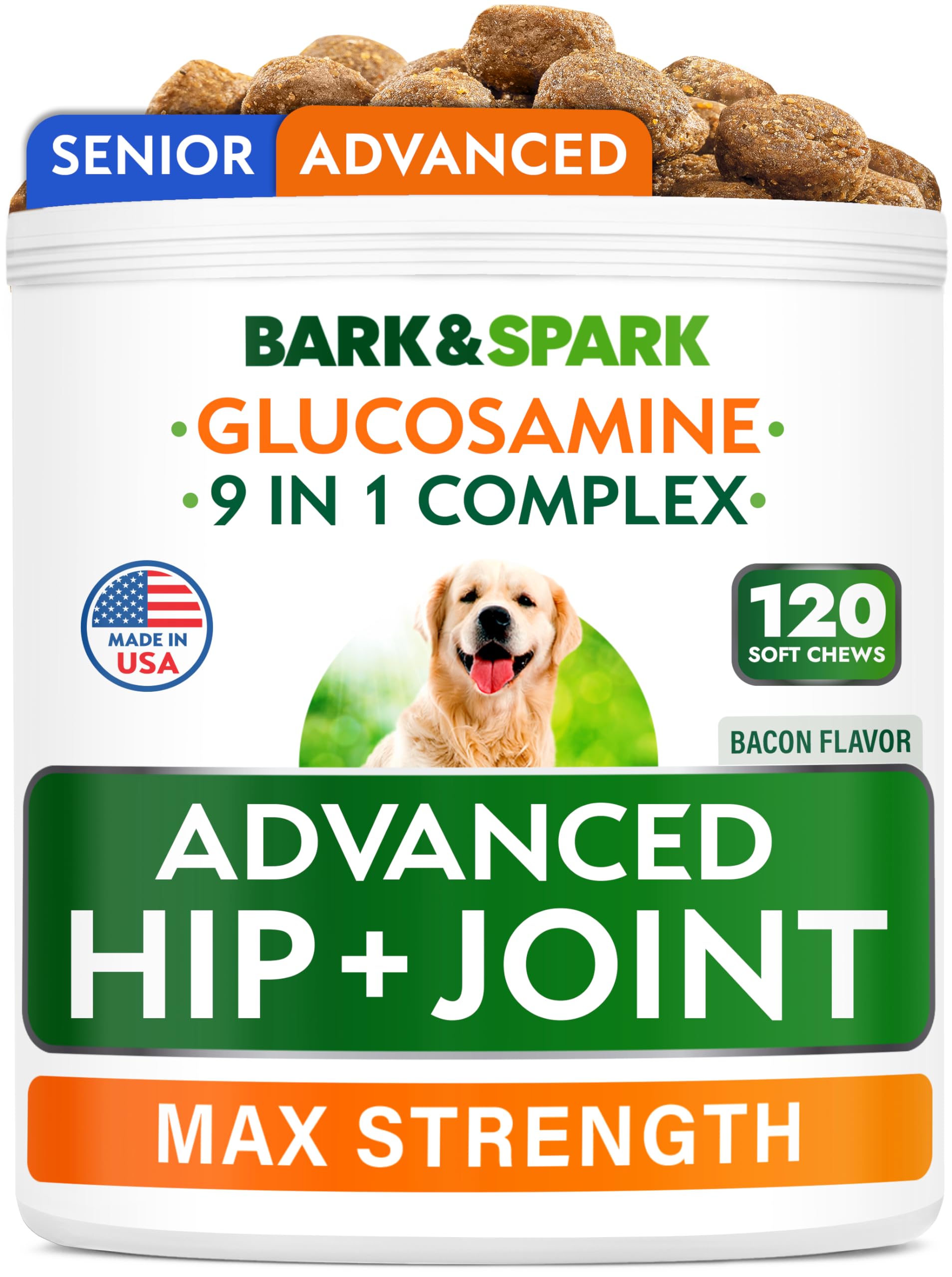 BARK&SPARK Senior Advanced Glucosamine Chondroitin for Dogs - Hip Joint Pain Relief Pills - Old Dog Joint Supplement Large & Small Breed - Hip Joint Chews Joint Health Care Vitamin Treats - 120Ct