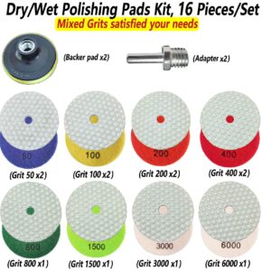 16 Packs Dry Diamond Polishing Pads Set, 4 Inch Dry/Wet Granite Bufffing Pad for Marble Quartz Concrete Stone Tiles - High Temperature Resistance Sanding Kit for Grinder Polisher Drill