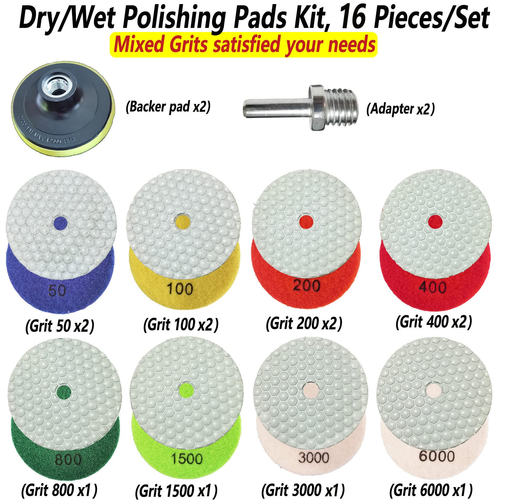 16 Packs Dry Diamond Polishing Pads Set, 4 Inch Dry/Wet Granite Bufffing Pad for Marble Quartz Concrete Stone Tiles - High Temperature Resistance Sanding Kit for Grinder Polisher Drill