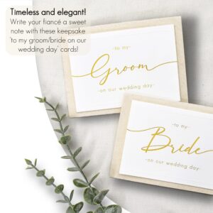 Shoppau Set of 2 Bride and Groom Wedding Day Cards - Linen Textured Cardstock - Elegant Script - 4.875" x 3.75" Folded - Embossed Border - Set of 2 Cardstock Beige Envelopes (Gold Foil)