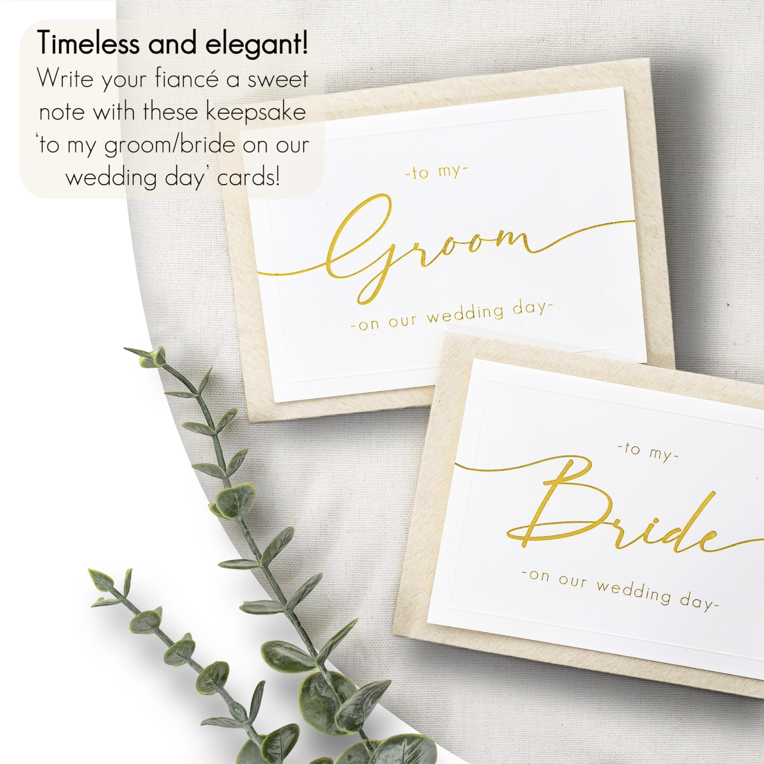 Shoppau Set of 2 Bride and Groom Wedding Day Cards - Linen Textured Cardstock - Elegant Script - 4.875" x 3.75" Folded - Embossed Border - Set of 2 Cardstock Beige Envelopes (Gold Foil)