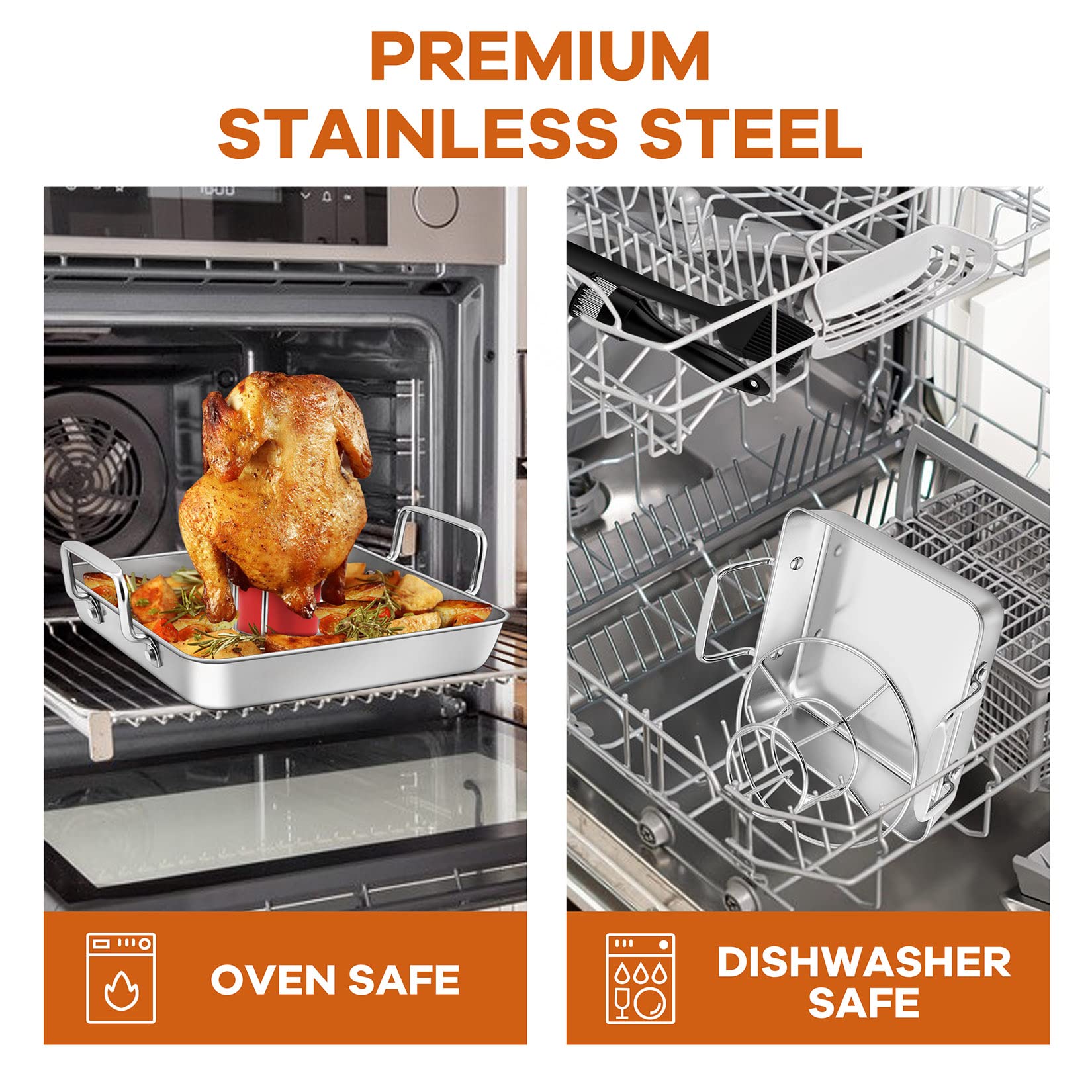 Roasting Pan with Beer Can Chicken Holder, Joyfair 9 inch Stainless Steel Square Roaster Baking Pans with Grill Racks & Riveted Handles for Oven Cooking BBQ Smoking, Heavy Duty & Dishwasher Safe (4)