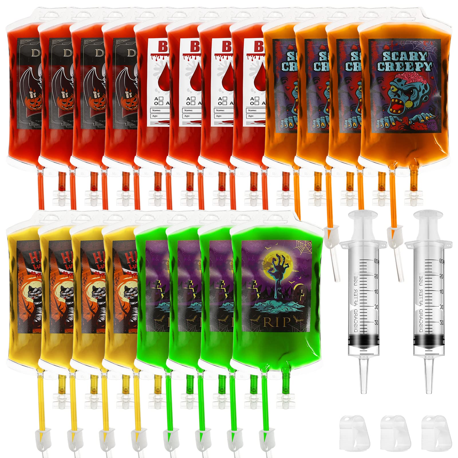 20Packs Halloween Blood Bag for Drinks: 5Design Reusable Drink Pouches Containers Shot and Clips Pouch Prop for Vampire Zombie Hospital Theme Party Supplies