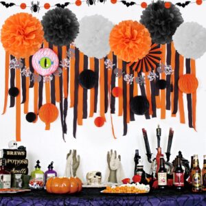 Black Orange White Halloween Party-Decorations - 8pcs Kits Happy Halloween Banner, Tissue Flower Paper Pom Poms Streamers,Bat Decor Garland,Birthday Wedding Baby Bridal Shower Lasting Surprise