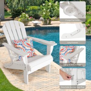 Sundale Outdoor Folding All Weather Plastic Adirondack Chair with 2 Concealable Cup Holder and 1 Stylish Cushion/Pillow, Perfect for Outside Patio Garden Pool Yard Pure White