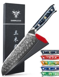 sanmuzuo santoku knife - 7 inch - xuan series - vg10 damascus steel kitchen knife - resin handle (starry black)