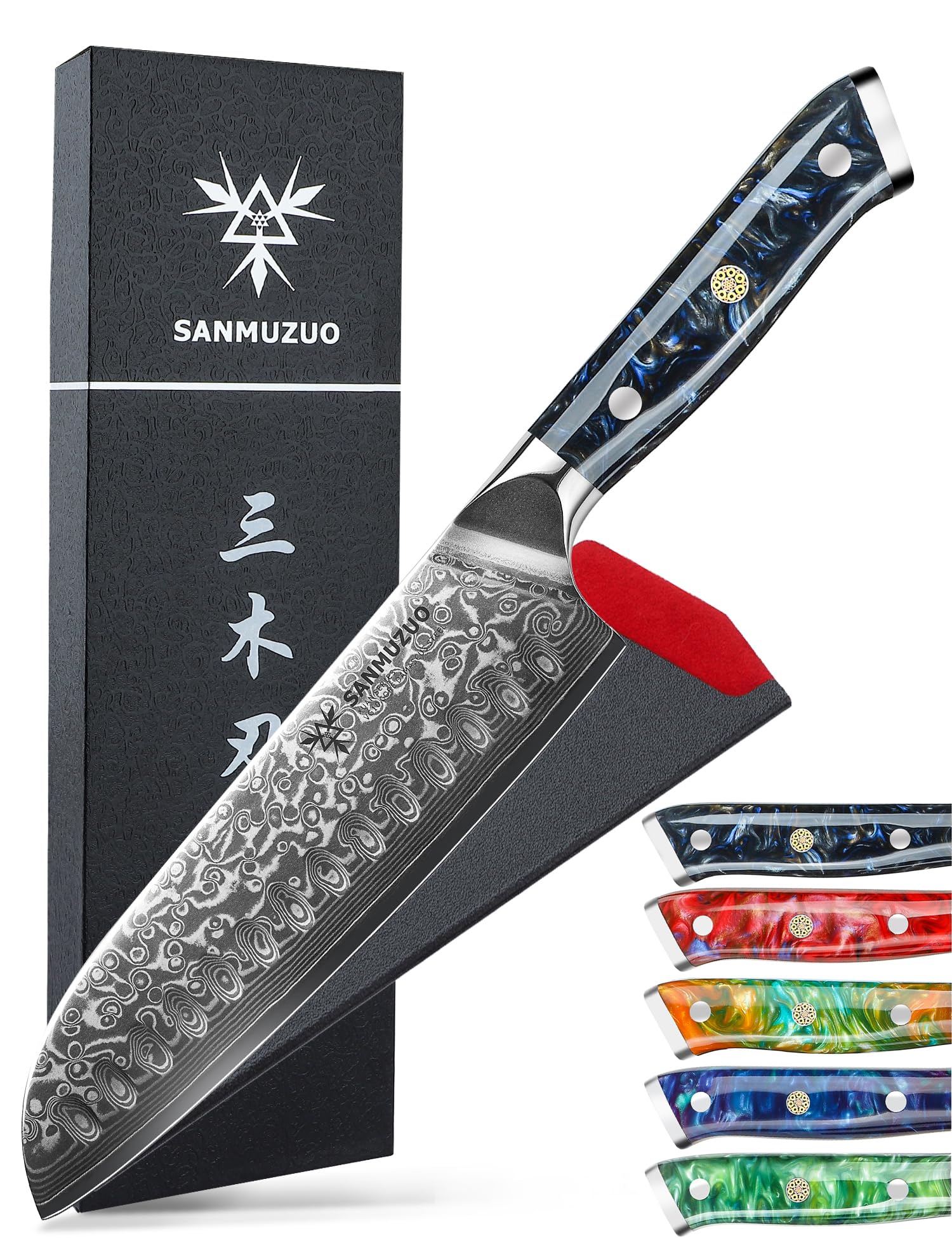 SANMUZUO Santoku Knife - 7 inch - Xuan Series - VG10 Damascus Steel Kitchen Knife - Resin Handle (Starry Black)