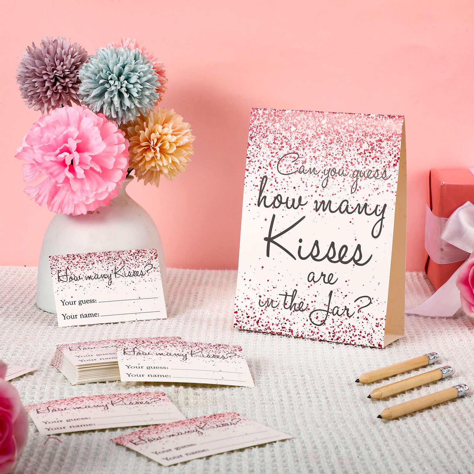 Geosar Bridal Shower Games Guess How Many Kisses Game Includes Bridal Shower Sign, 50 Guessing Cards and 15 Pencils, Bridal Shower Favors, How Many Kisses Are in Jar Wedding Decorations, Pink Confetti