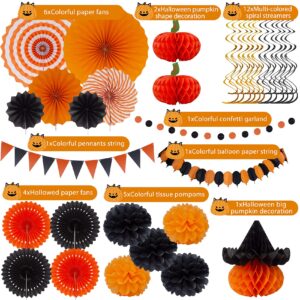 Halloween Party Decoration Festival Set - Huryfox 33pcs Birthday Bunting Decorations Paper Pom Poms Supplies Garland Hanging Honeycomb Balls Suitable for Halloween Garden Indoor Home Décor